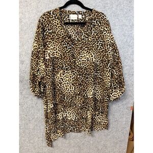 Chico's Tunic Asymmetrical Leopard Split V Neck  Tab Sleeves Top SZ. 3 US XL